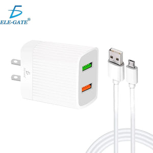 Conversions Tech QC 3.0 Fast Charger for Android Cell Phone 24W 2 USB 2.4A Micro V8 Cable 5V 3A Short Circuit SCP Adapters Compatible US UK