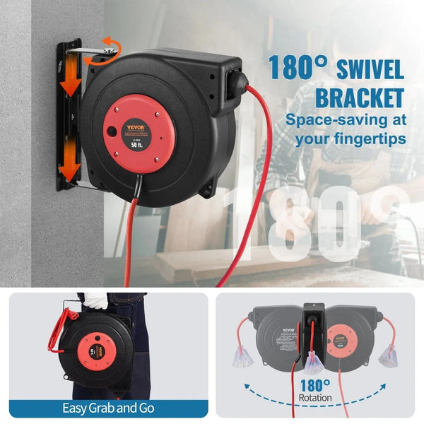 Conversions Tech Default Retractable 50FT 14AWG/3C SJTOW Power Cord Reel Extension Cord Reel