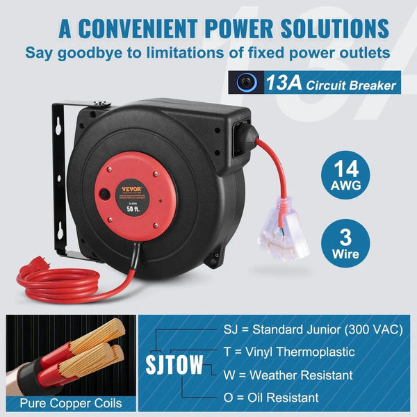 Conversions Tech Default Retractable 50FT 14AWG/3C SJTOW Power Cord Reel Extension Cord Reel