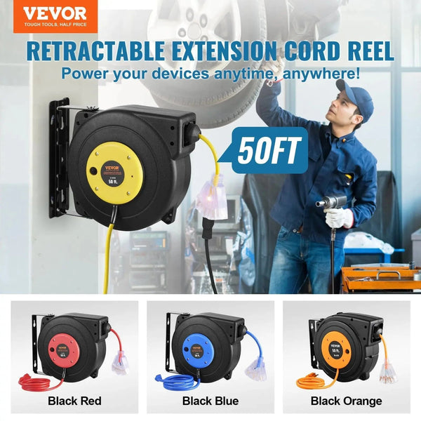 Conversions Tech Default Retractable Extension Cord Reel Power Cord Reel 50FT 14AWG/3C SJTOW