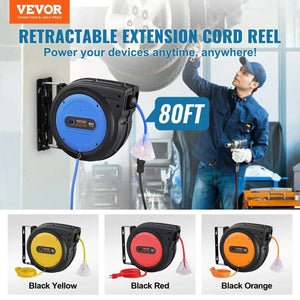 Conversions Tech Default Retractable Extension Cord Reel Power Cord Reel 80FT 12AWG/3C SJTOW