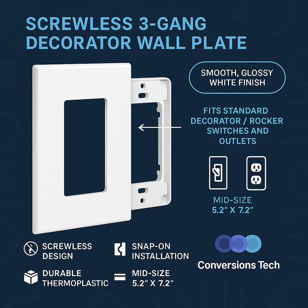 Conversions Technology Wall Plates Screw less Face | Decorator Wall Plate  | 3 Gang |  White