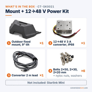 Conversions Tech Networking > Starlink Accessories Starlink Mini Outdoor Mount and 12 V to 48 V Power Kit | Fixed Bracket, IP68 144 W Converter, RV, Marine, Truck and Off-Grid | CT-SK0021