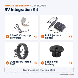 Conversions Tech Networking > Starlink Accessories Starlink Mini RV Integration Kit | 12 V Power Conversion, Roof Mount, Cable Entry and Routing Hardware in One Box | CT-SK0090