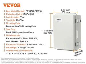 Conversions Tech 300 x 200 x 180 mm / Poland SucceBuy Outdoor Electrical Junction Box ABS Plastic&Hinged Cover Stainless Steel Latch IP67 Waterproof for Electrical Projects