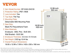 Conversions Tech 430 x 330 x 180 mm / GERMANY SucceBuy Outdoor Electrical Junction Box ABS Plastic&Hinged Cover Stainless Steel Latch IP67 Waterproof for Electrical Projects