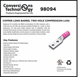 Conversions Tech Electrical > Connectors > Compression Lugs Two Hole Compression Lug Long Barrel 1/0 AWG 1/4" Stud | 90°C