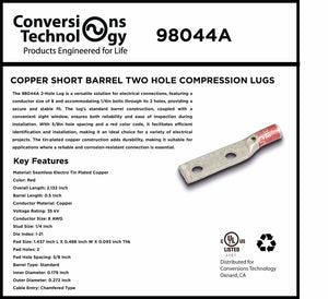 Conversions Tech Electrical > Connectors > Compression Lugs Two-Hole Copper Compression Lug 8 AWG #10 Bolt, 25-Pack | Tin-Plated