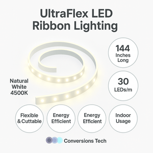 Conversions Tech LED Ribbon Lighting UltraFlex LED Ribbon Lighting -144 Inch, Natural White 4500K, 12V, 30LED/M