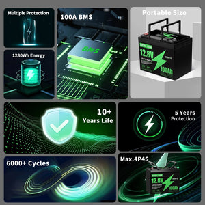 Conversions Tech 100 Ah / 12.8V US WAREHOUSE  Shipping 12V 100Ah LiFePO4 Battery Lithium Battery Built in 100A Smart BMS,  for RV,,Camping Fishing DATOUBOSS