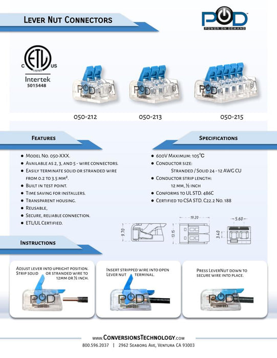 Lever Nut Connector 3 port  24-12AWG Stranded/Solid Splicing Conductor | 100ct