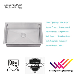 Conversions Technology 27 X 16 X 7 Handmade Undermount Single Large Bowl Stainless Steel Kitchen Sink
