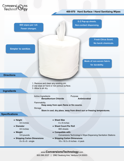 PPE | 800-count High-Capacity Wipe Refill Roll, for use with Sanitation Stations - Conversions Technology