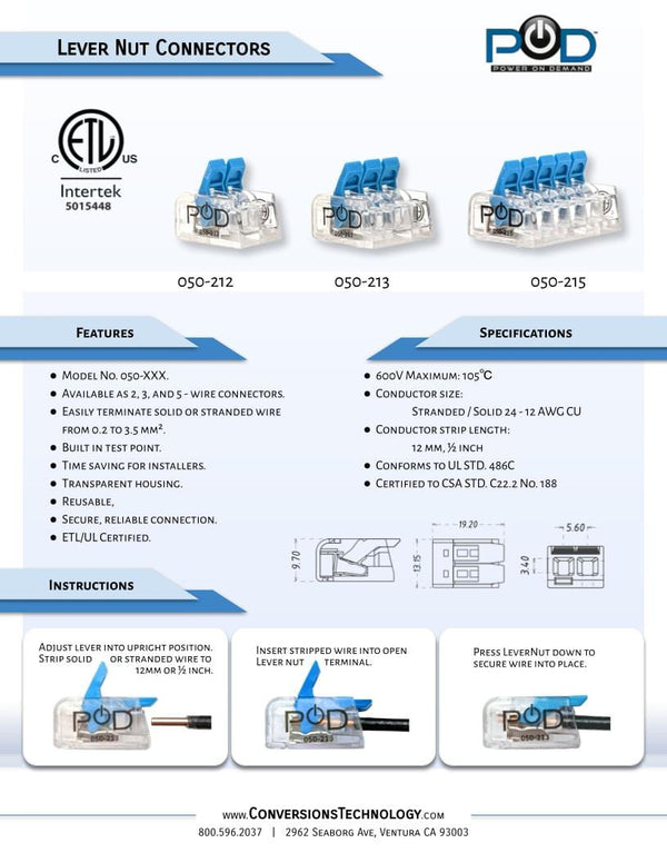 Conversions Technology LeverNut Lever Nut Connector 3 port  24-12AWG Stranded/Solid Splicing Conductor | 100ct