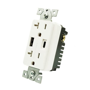 Theta® Hardware > Power & Electrical Supplies > Power Outlets & Sockets Outlet, 20 Amp | Decor Tamper Resistant +USB-A +USB-C  (White)