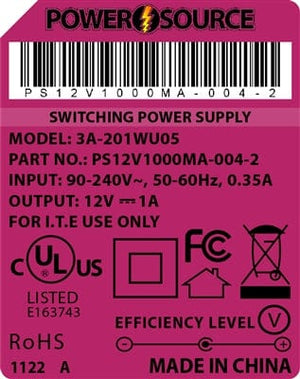Theta® Power Supply Theta  |  Power Supply  |   12V 1000MA 2.5 x 5.5 Desktop Two Piece