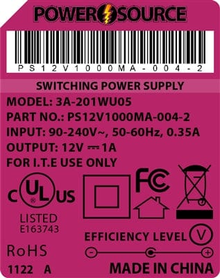 Theta® Power Supply Theta  |  Power Supply  |   12V 1000MA 2.5 x 5.5 Desktop Two Piece