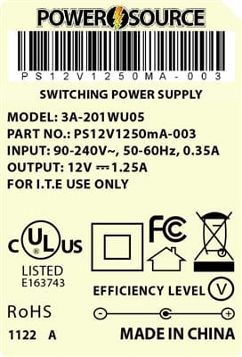 Theta® Power Supply Theta  |  Power Supply  |   12V 1250MA 5.5 x 2.1 Wall Mount