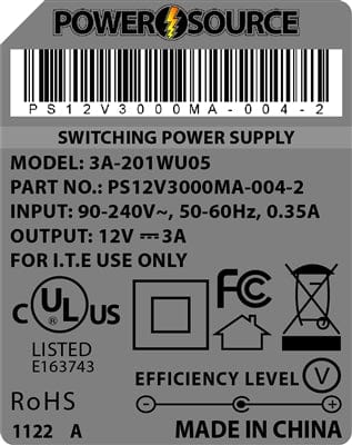 Theta® Power Supply Theta  |  Power Supply  |   12V 3000MA 2.5 x 5.5 Desktop Two Piece