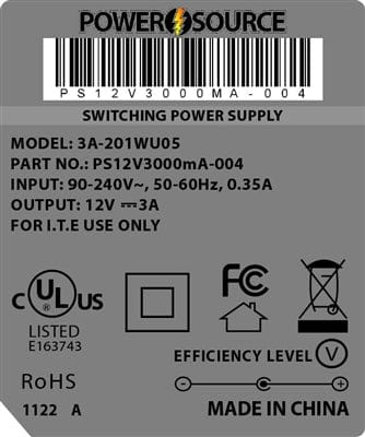 Theta® Power Supply Theta  |  Power Supply  |   12V 3000MA 5.5 x 2.5 Wall Mount