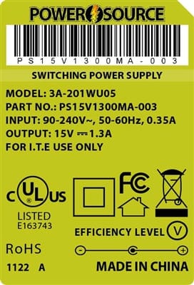 Theta® Power Supply Theta  |  Power Supply  |   15V 1300MA 5.5 x 2.1 Wall Mount