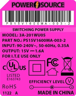Theta® Power Supply Theta  |  Power Supply  |   15V 1600MA 2.1 x 5.5 Desktop Two Piece