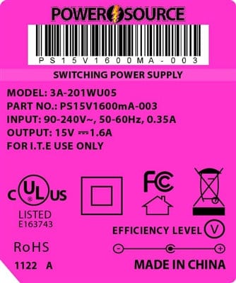 Theta® Power Supply Theta  |  Power Supply  |   15V 1600MA 5.5 x 2.1 Wall Mount
