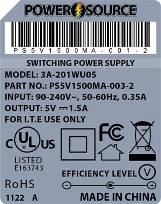 Theta® Power Supply Theta | Power Supply | 5V 1500MA 1.35 x 3.5 Desktop Two Piece