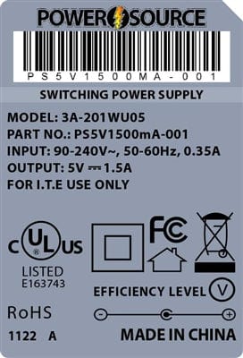 Theta® Power Supply Theta | Power Supply | 5V 1500MA 3.5 x 1.3 Wall Mount