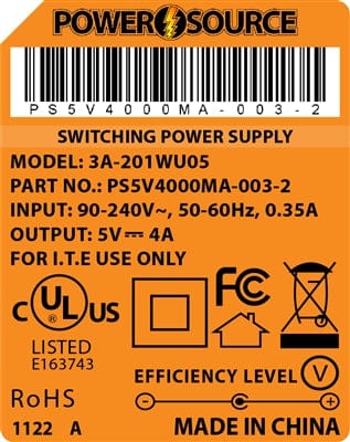 Theta® Power Supply Theta | Power Supply | 5V 4000MA 2.1 x 5.5 Desktop Two Piece