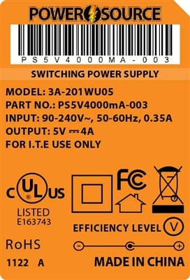 Theta® Power Supply Theta | Power Supply | 5V 4000MA 5.5 x 2.1 Wall Mount