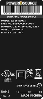 Theta® Power Supply Theta | Power Supply | 6V 700MA 1.35 x 3.5 Desktop One Piece (Right Angle Jack)