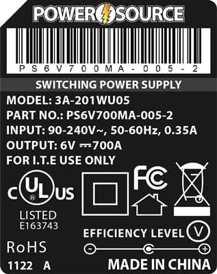 Theta® Power Supply Theta | Power Supply | 6V 700MA 1.35 x 3.5 Desktop Two Piece (Right Angle Jack)